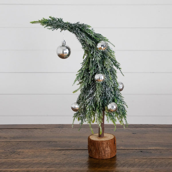 14” Artificial Snowed Santa's Hat Christmas Tree with Ornaments in Wooden Trunk Base