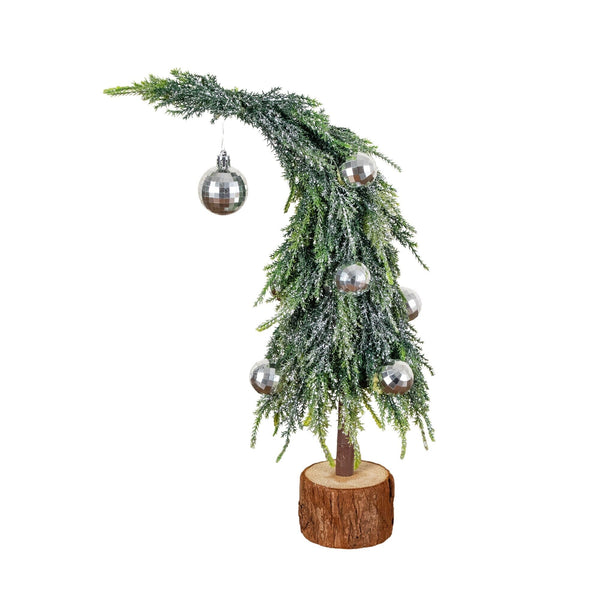 14” Artificial Snowed Santa's Hat Christmas Tree with Ornaments in Wooden Trunk Base
