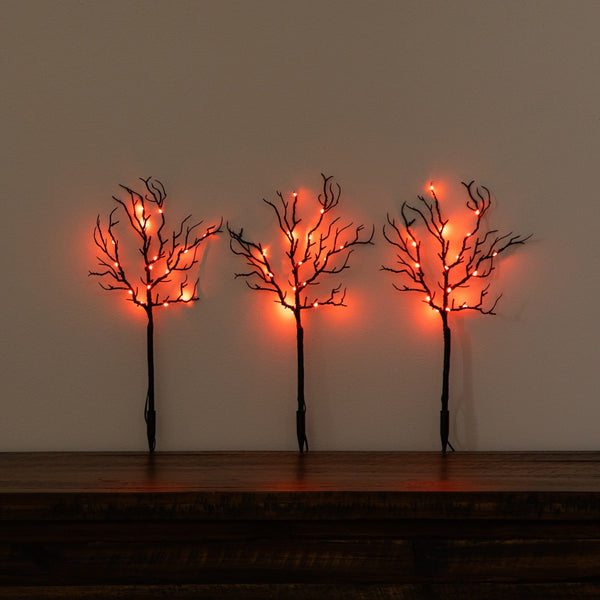 14" Pre-Lit Artificial Halloween Black Twig Branches with 45 Orange LED Lights and Integrated Ground Stake - Set of 3