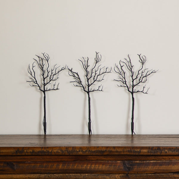 14" Pre-Lit Artificial Halloween Black Twig Branches with 45 Orange LED Lights and Integrated Ground Stake - Set of 3
