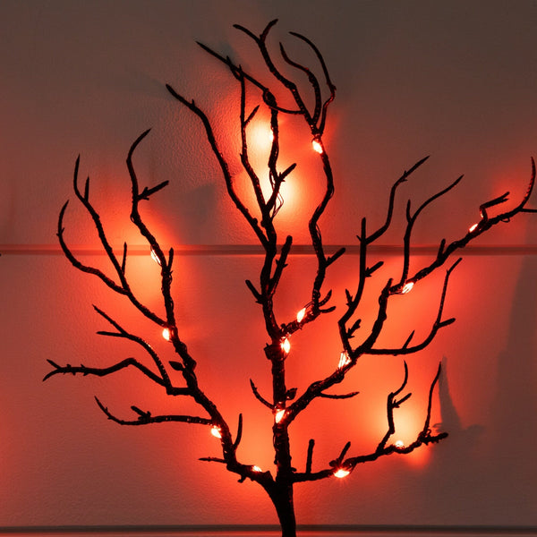 14" Pre-Lit Artificial Halloween Black Twig Branches with 45 Orange LED Lights and Integrated Ground Stake - Set of 3