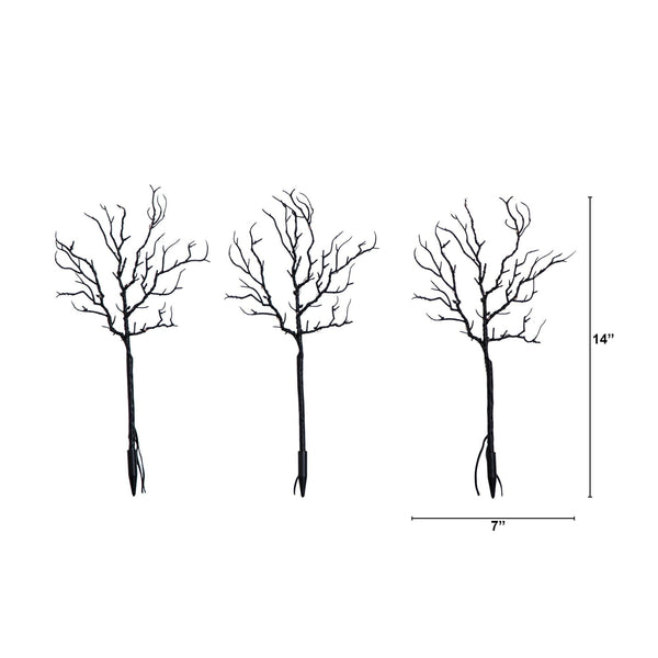 14" Pre-Lit Artificial Halloween Black Twig Branches with 45 Orange LED Lights and Integrated Ground Stake - Set of 3