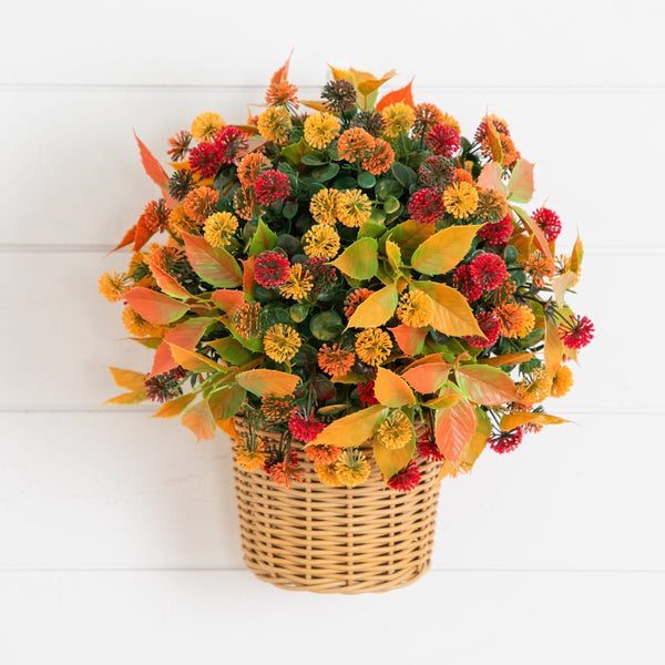 14” UV Resistant Autumn Artificial Mixed Fall Mum in Wicker Basket (Indoor/Outdoor)