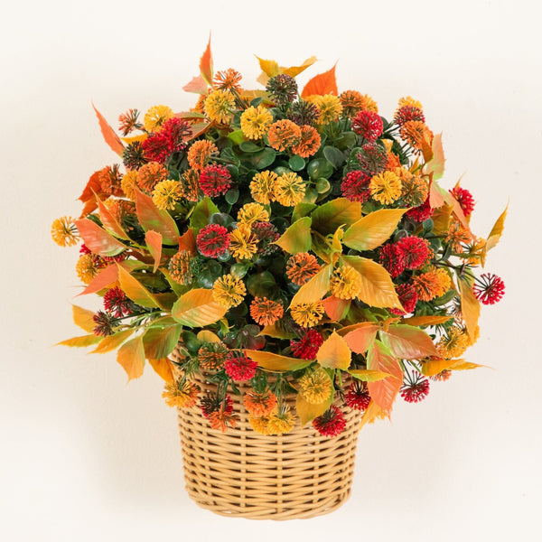 14” UV Resistant Autumn Artificial Mixed Fall Mum in Wicker Basket (Indoor/Outdoor)