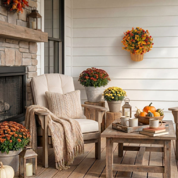 14” UV Resistant Autumn Artificial Mixed Fall Mum in Wicker Basket (Indoor/Outdoor)