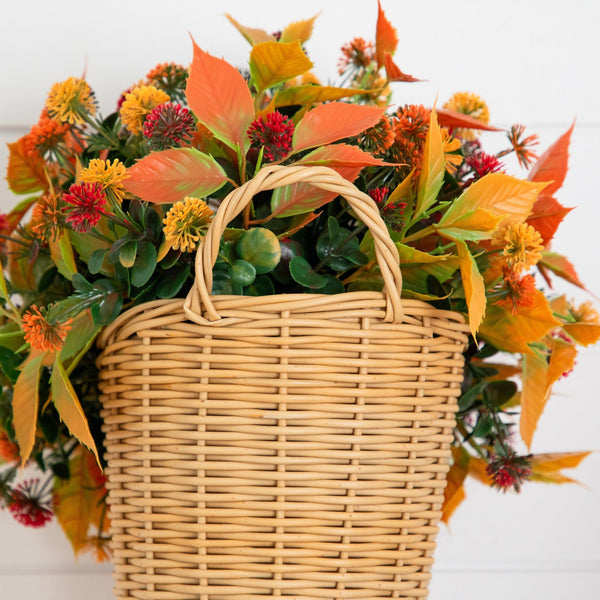 14” UV Resistant Autumn Artificial Mixed Fall Mum in Wicker Basket (Indoor/Outdoor)