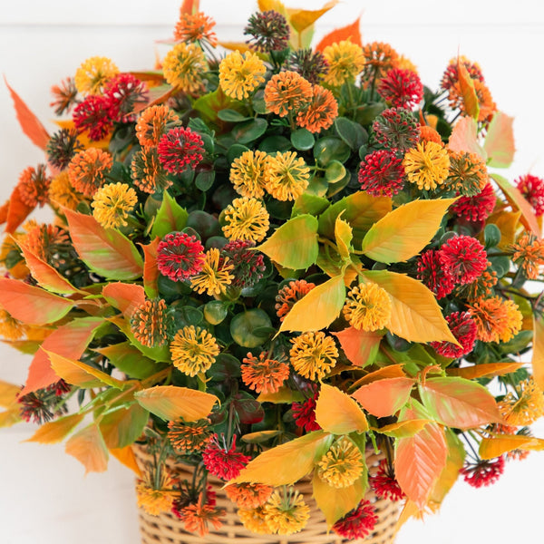 14” UV Resistant Autumn Artificial Mixed Fall Mum in Wicker Basket (Indoor/Outdoor)