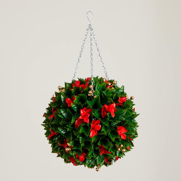 15" UV Resistant Artificial Red Tip Photinia Christmas Hanging Ball with Gold Berries (Indoor/Outdoor)