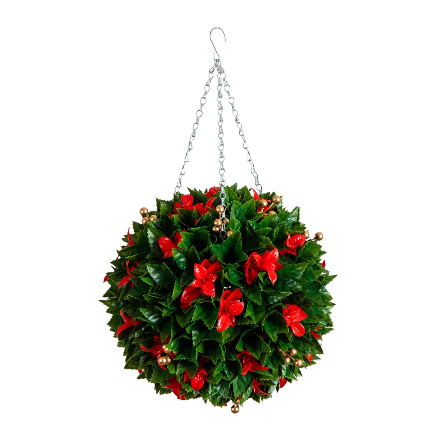 15" UV Resistant Artificial Red Tip Photinia Christmas Hanging Ball with Gold Berries (Indoor/Outdoor)
