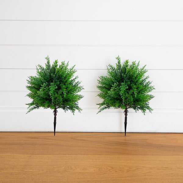 15” UV Resistant Artificial Cedar Bush with Integrated Ground Stake (Indoor/Outdoor) - Set of 2