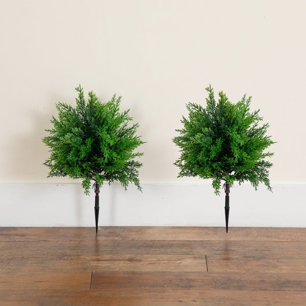 15” UV Resistant Artificial Cedar Bush with Integrated Ground Stake (Indoor/Outdoor) - Set of 2