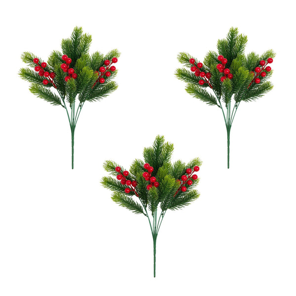 15” UV Resistant Artificial Christmas Pine and Berries Bush (Indoor/Outdoor) - Set of 3