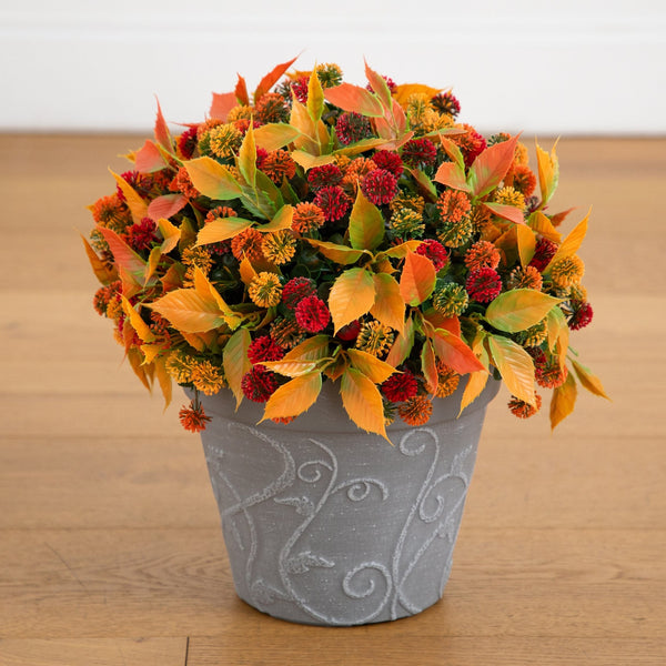 15.5” UV Resistant Autumn Artificial Mixed Fall Mum in Decorative Gray Planter (Indoor/Outdoor)