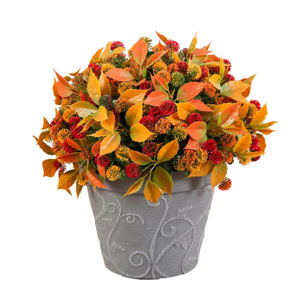15.5” UV Resistant Autumn Artificial Mixed Fall Mum in Decorative Gray Planter (Indoor/Outdoor)