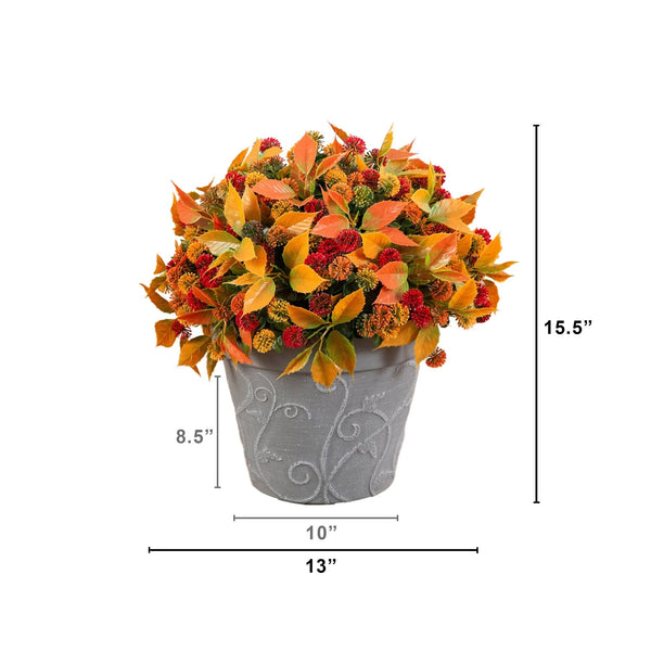 15.5” UV Resistant Autumn Artificial Mixed Fall Mum in Decorative Gray Planter (Indoor/Outdoor)