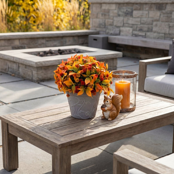 15.5” UV Resistant Autumn Artificial Mixed Fall Mum in Decorative Gray Planter (Indoor/Outdoor)