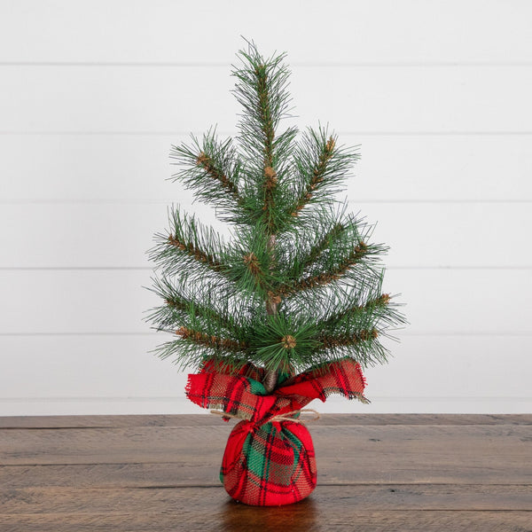 16” Artificial Christmas Tree with Tartan Plaid Flannel Wrapped Base