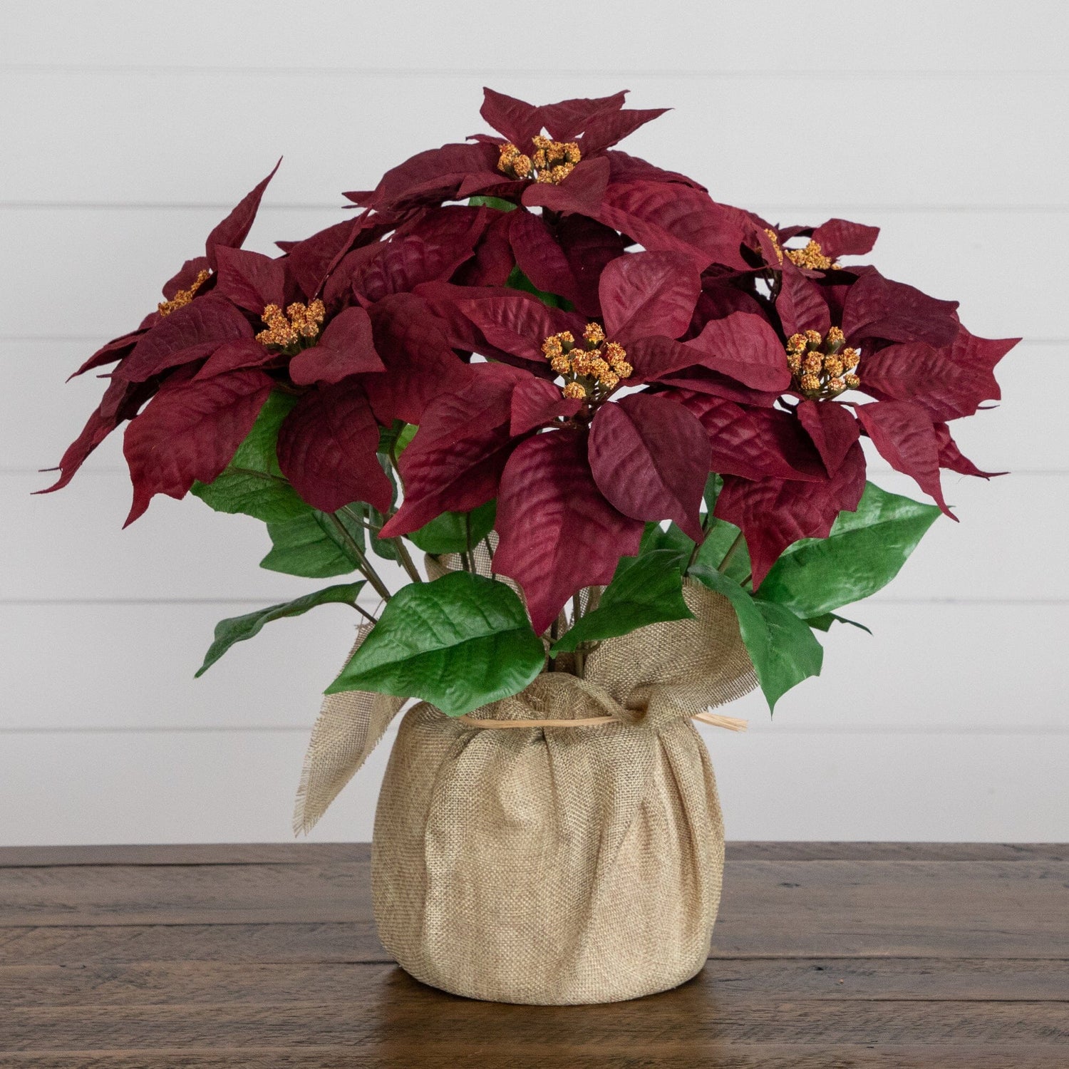 16" Artificial Poinsettia Arrangement in Burlap Planter
