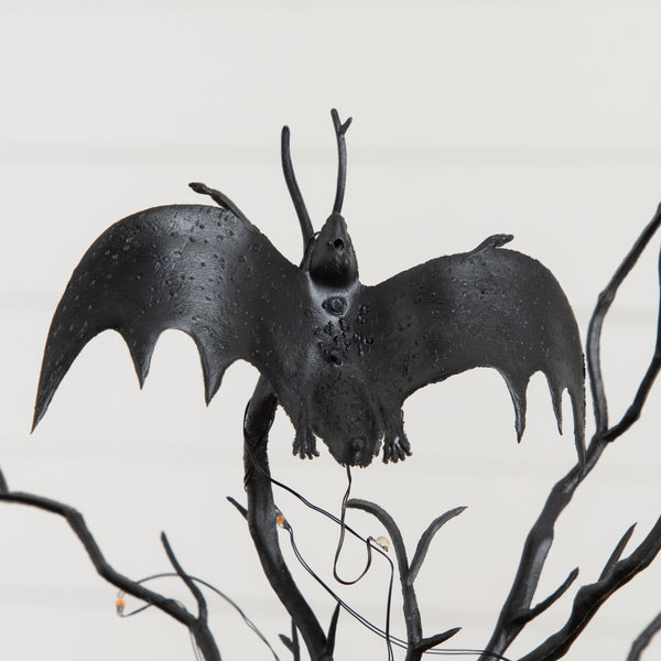 16” Pre-Lit Artificial Halloween Black Spooky Twig Tree with Bats and 20 Orange & Purple LED Lights