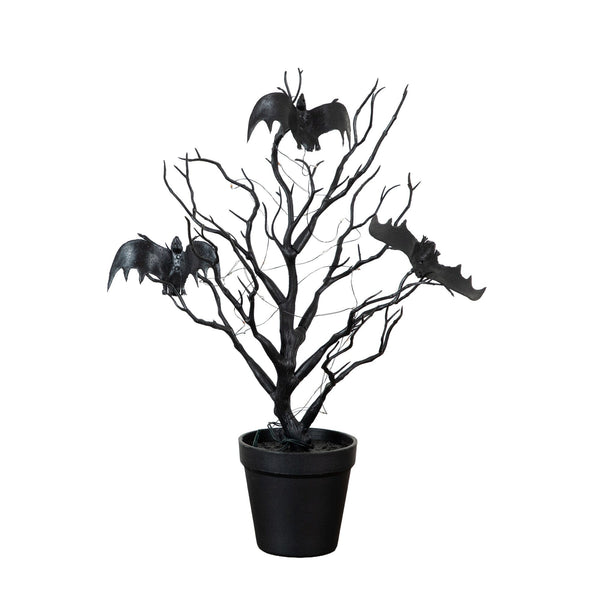 16” Pre-Lit Artificial Halloween Black Spooky Twig Tree with Bats and 20 Orange & Purple LED Lights