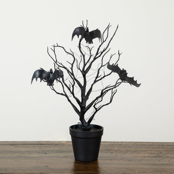 16” Pre-Lit Artificial Halloween Black Spooky Twig Tree with Bats and 20 Orange & Purple LED Lights
