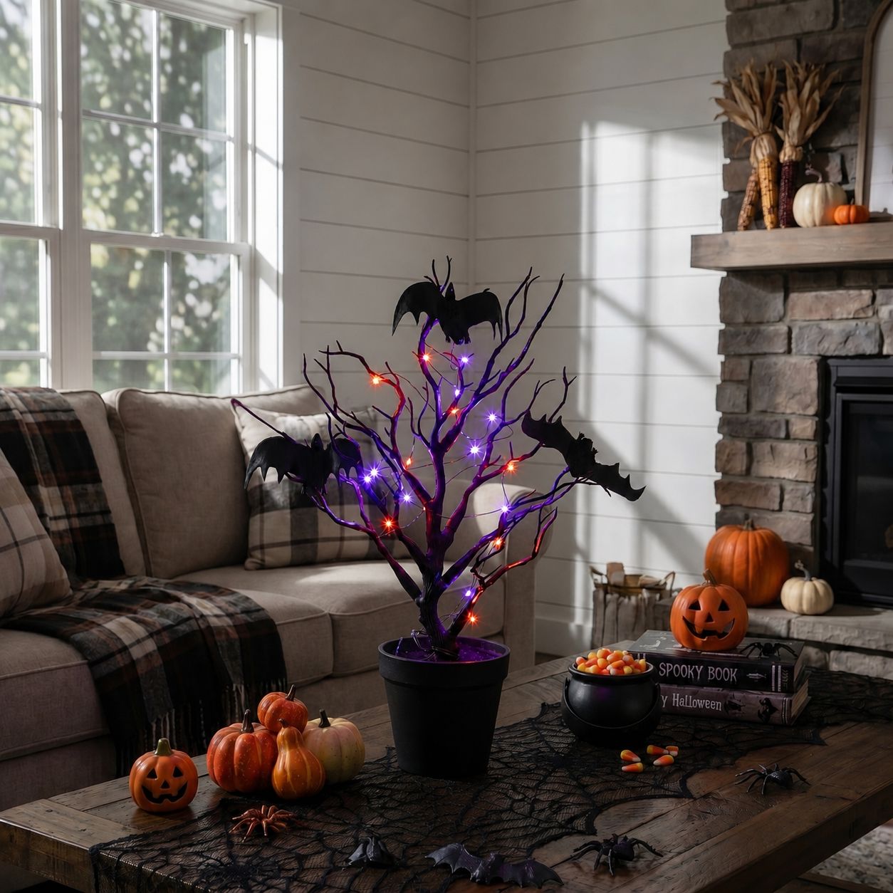 16” Pre-Lit Artificial Halloween Black Spooky Twig Tree with Bats