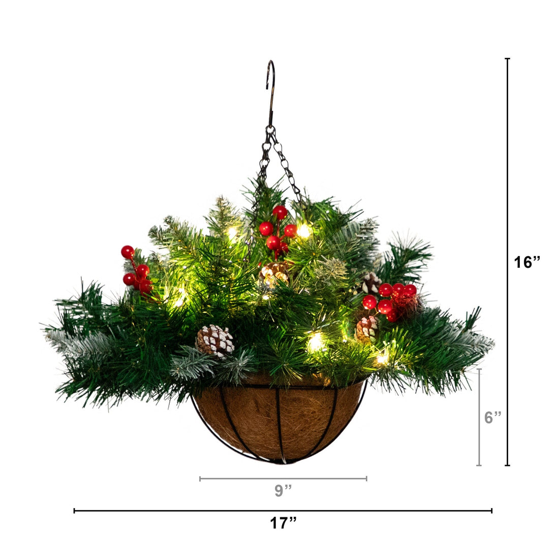 hanging christmas planter 16” Pre-Lit Artificial Pine & Berry Hanging Basket with White LED Lights