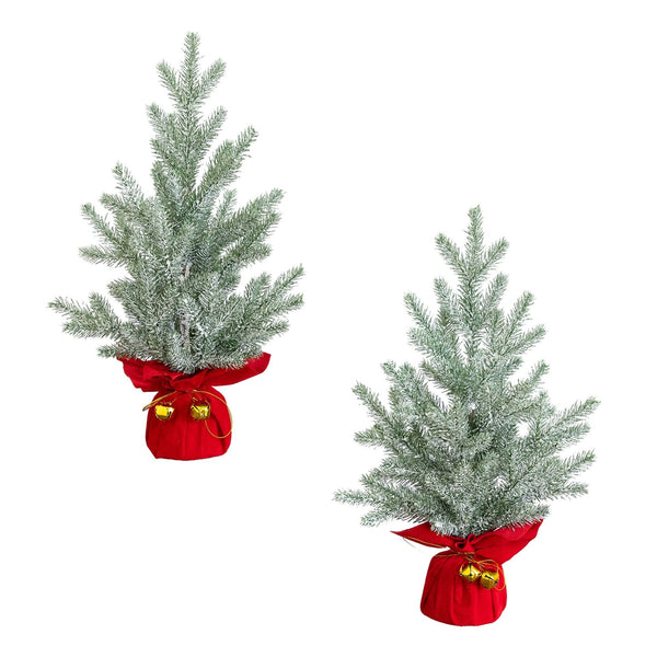 18” Artificial Flocked Christmas Tree with Wrapped Velvet Base and Gold Bells - Set of 2