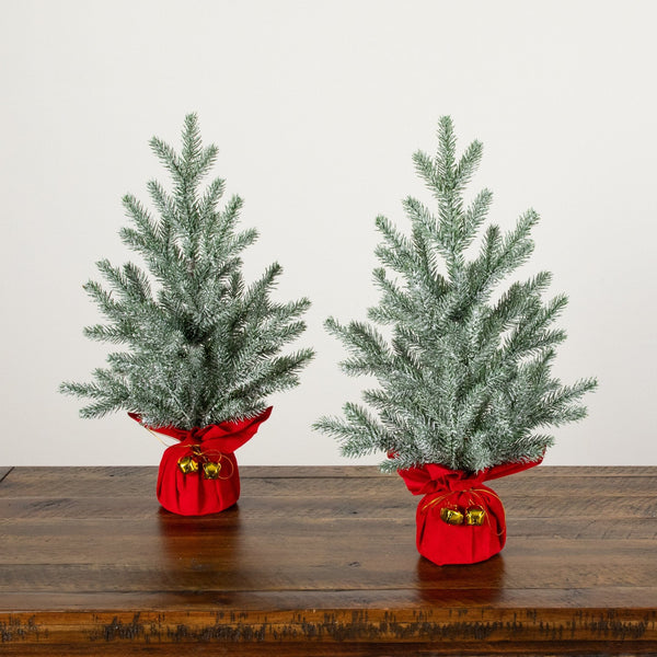 18” Artificial Flocked Christmas Tree with Wrapped Velvet Base and Gold Bells - Set of 2