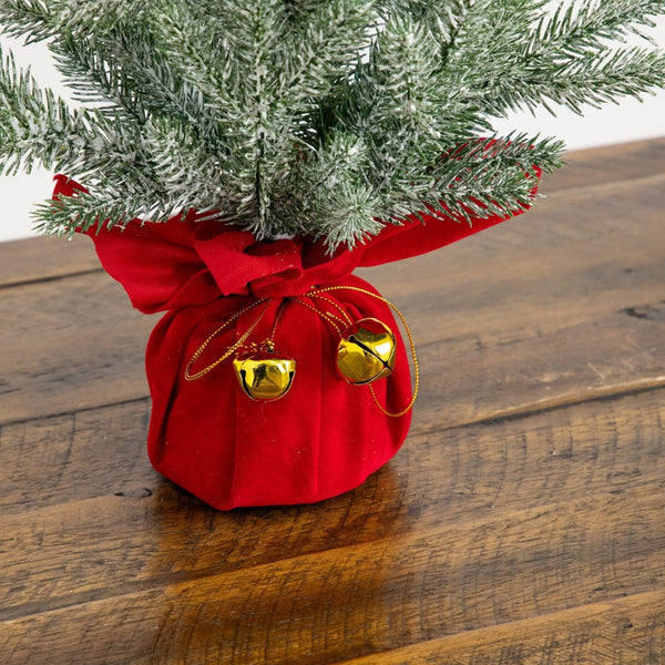 18” Artificial Flocked Christmas Tree with Wrapped Velvet Base and Gold Bells - Set of 2