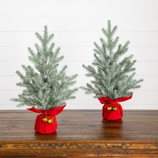 18” Artificial Flocked Christmas Tree with Wrapped Velvet Base and Gold Bells - Set of 2