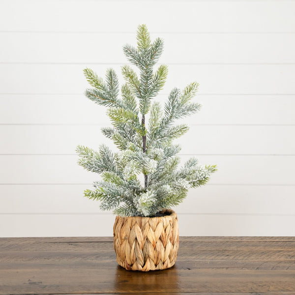 18” Artificial Flocked Fir Christmas Tree in Woven Basket