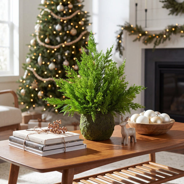 18” Artificial Real Touch Winter Cypress Bush in Moss Planter