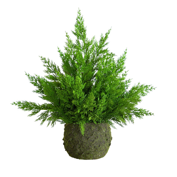 18” Artificial Real Touch Winter Cypress Bush in Moss Planter