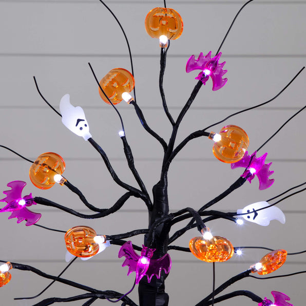 18" Pre-Lit Artificial Halloween Ghost, Bats & Pumpkins 24 LED Lighted Ornament Tree