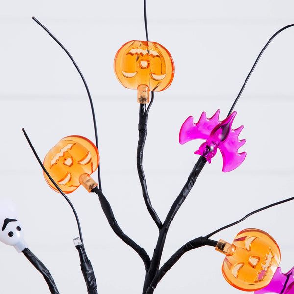 18" Pre-Lit Artificial Halloween Ghost, Bats & Pumpkins 24 LED Lighted Ornament Tree