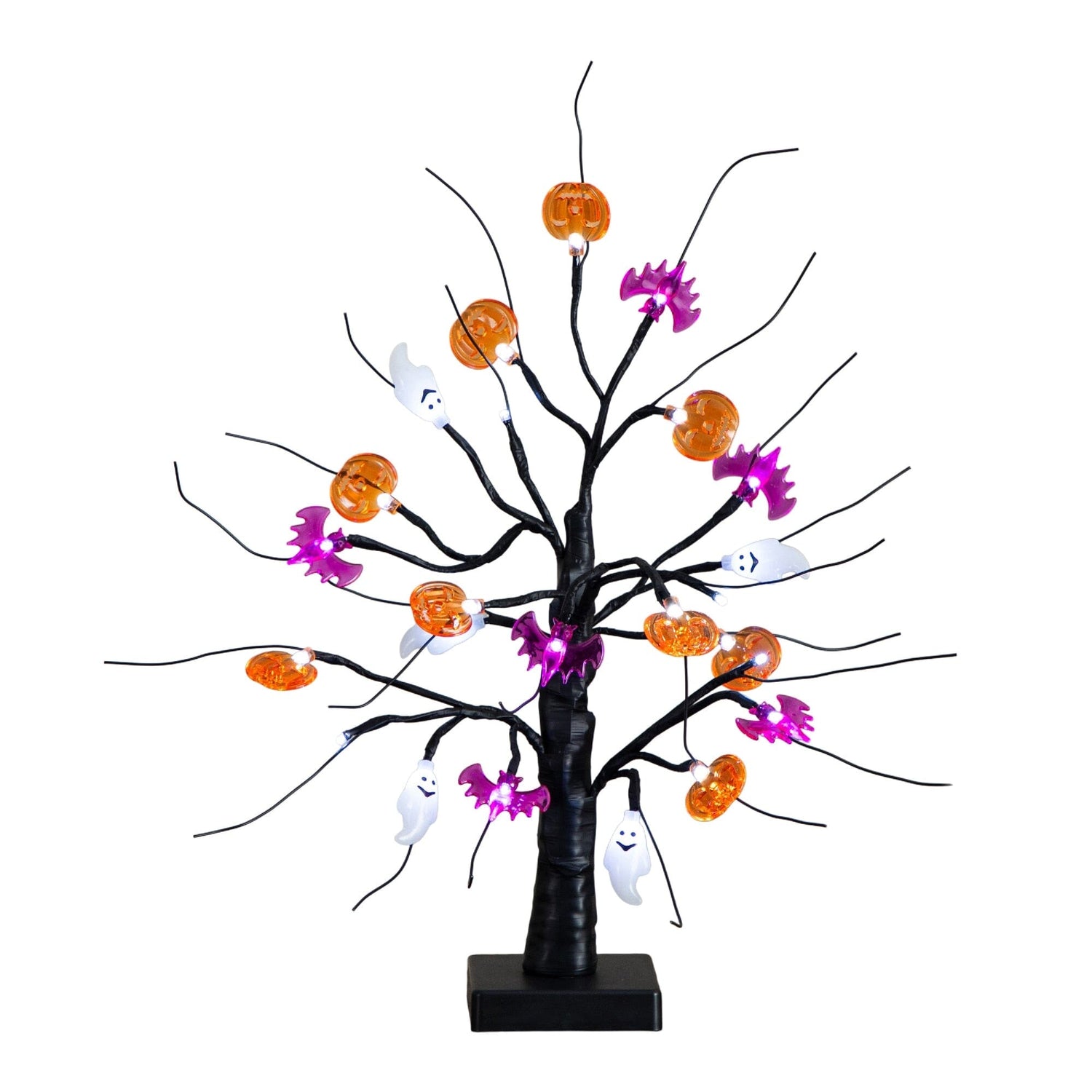 18" Pre-Lit Artificial Halloween Ghost, Bats & Pumpkins 24 LED Lighted Ornament Tree