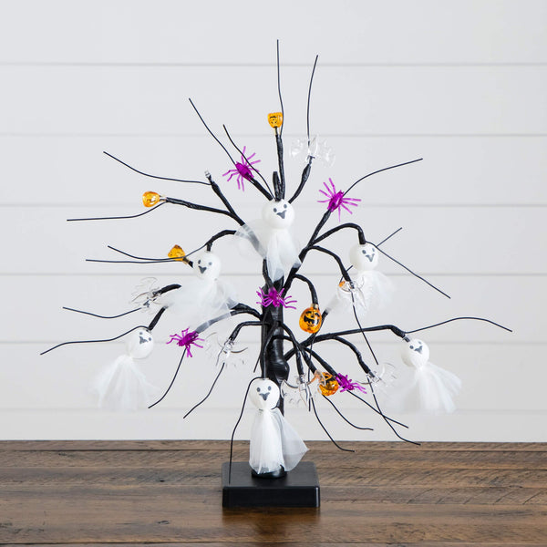 18" Pre-Lit Artificial Halloween Ghost Dolls, Spiders, Bats & Pumpkins 24 LED Lighted Ornament Tree