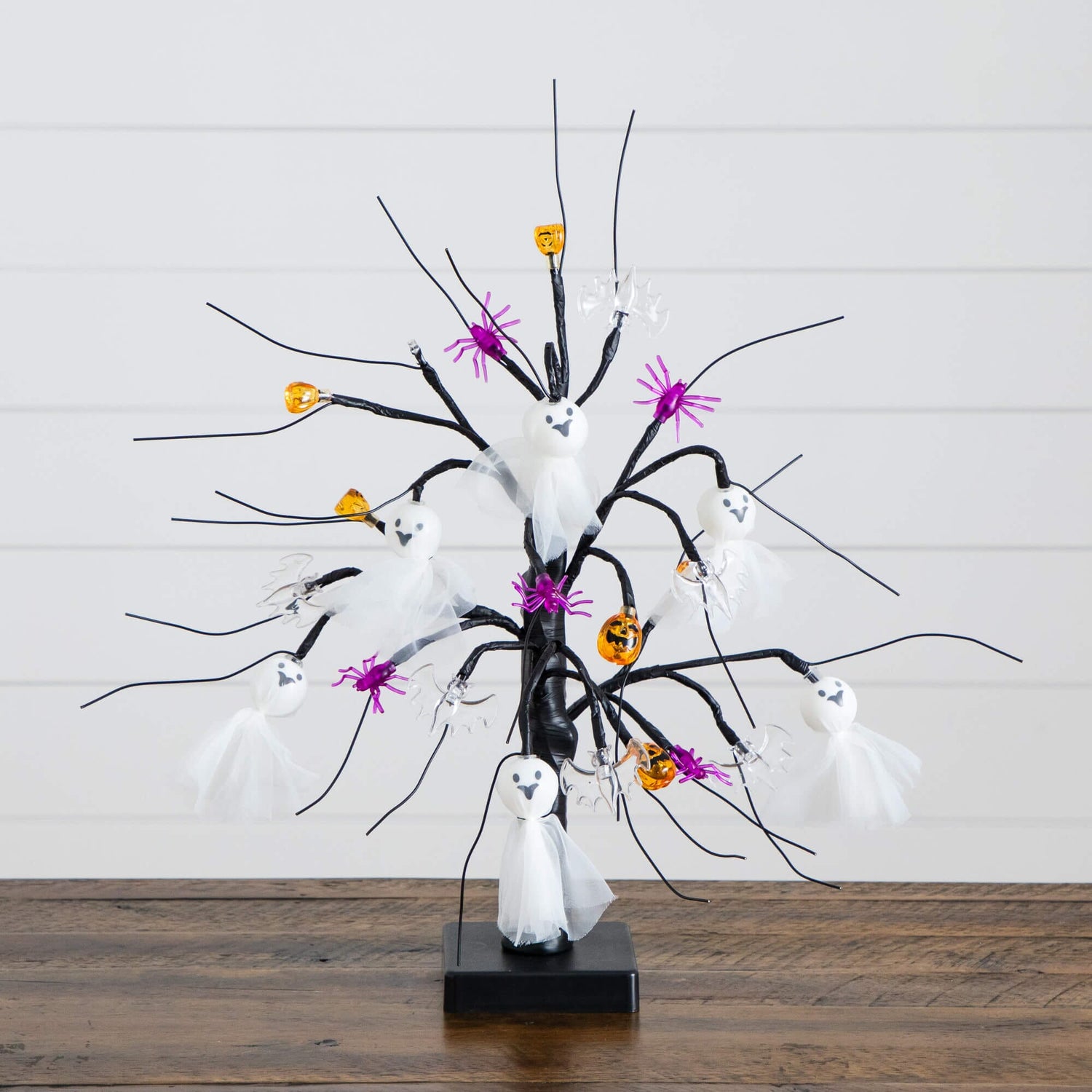 18" Pre-Lit Artificial Halloween Ghost Dolls, Spiders, Bats & Pumpkins 24 LED Lighted Ornament Tree