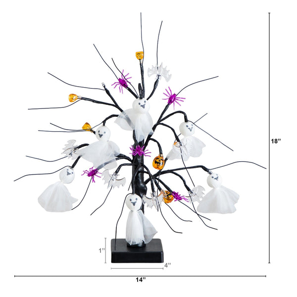 18" Pre-Lit Artificial Halloween Ghost Dolls, Spiders, Bats & Pumpkins 24 LED Lighted Ornament Tree