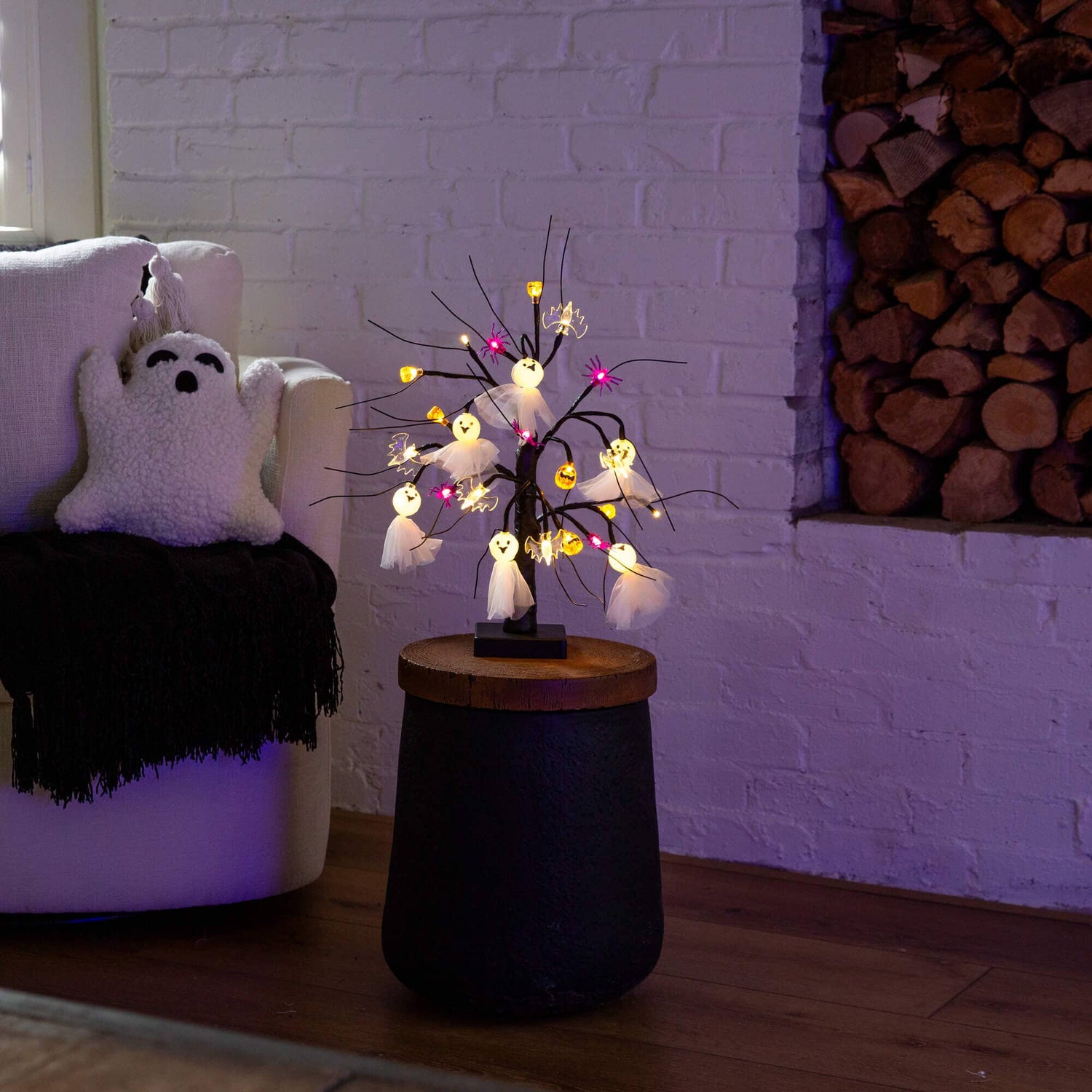 18" Pre-Lit Artificial Halloween Ghost Dolls, Spiders, Bats & Pumpkins 24 LED Lighted Ornament Tree