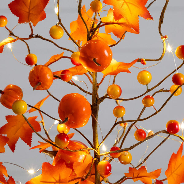 18" Pre-Lit Artificial Maple Tree with Pumpkin Ornaments and 30 LED String Lights in Burlap Wrapped Base Base