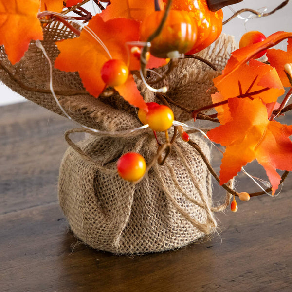 18" Pre-Lit Artificial Maple Tree with Pumpkin Ornaments and 30 LED String Lights in Burlap Wrapped Base Base
