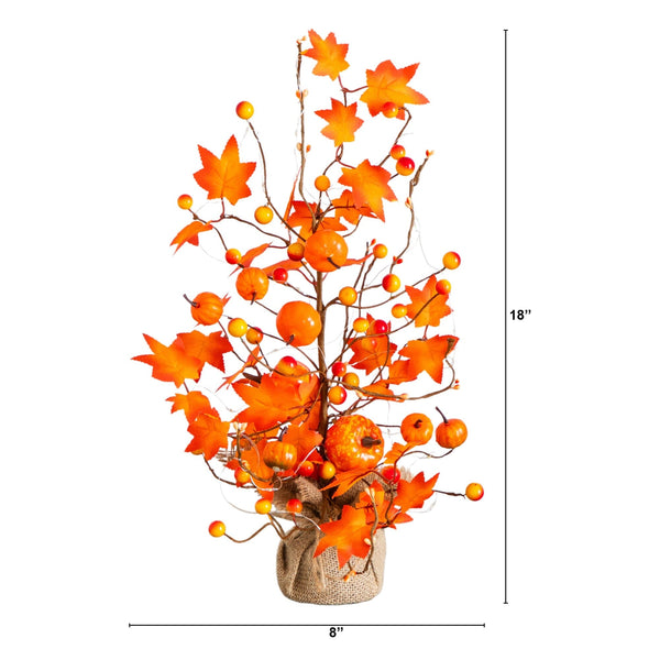 18" Pre-Lit Artificial Maple Tree with Pumpkin Ornaments and 30 LED String Lights in Burlap Wrapped Base Base