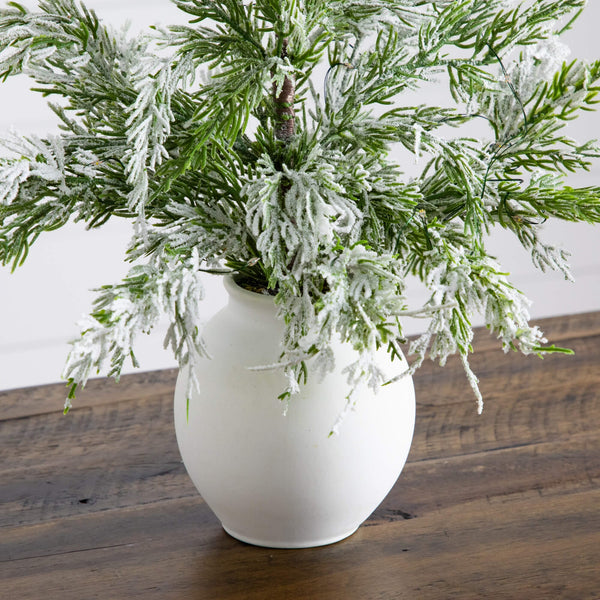 18" Pre-Lit Artificial Mini Snowed Cypress Christmas Tree with 12 LED Lights in  White Ceramic Planter
