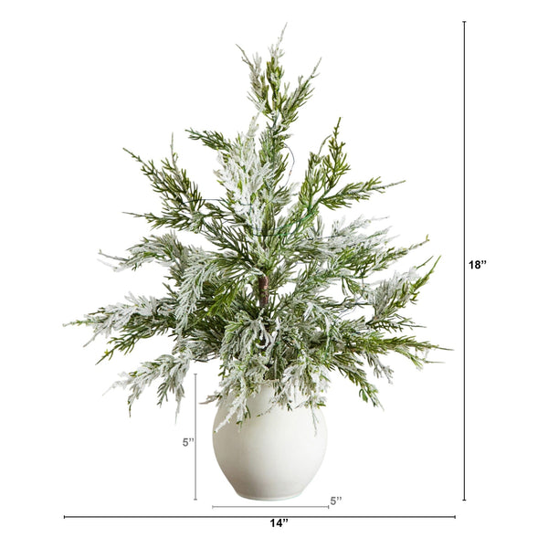18" Pre-Lit Artificial Mini Snowed Cypress Christmas Tree with 12 LED Lights in  White Ceramic Planter