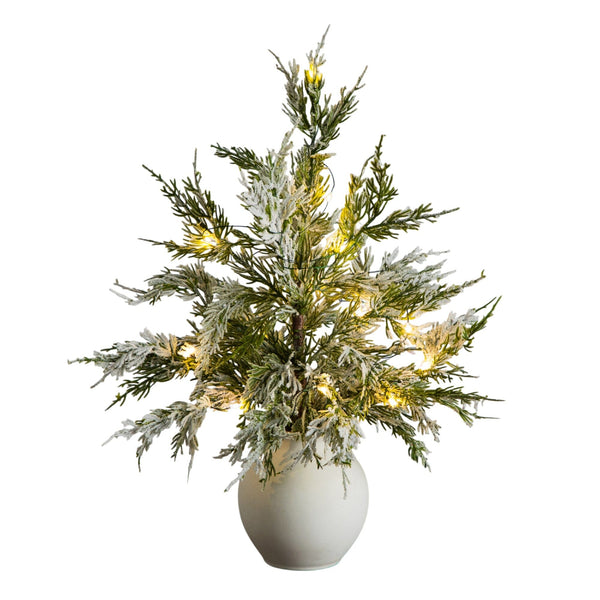 18" Pre-Lit Artificial Mini Snowed Cypress Christmas Tree with 12 LED Lights in  White Ceramic Planter