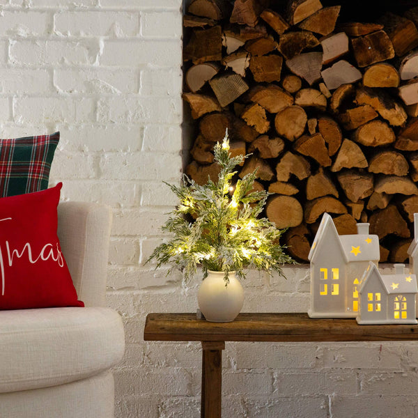 18" Pre-Lit Artificial Mini Snowed Cypress Christmas Tree with 12 LED Lights in  White Ceramic Planter