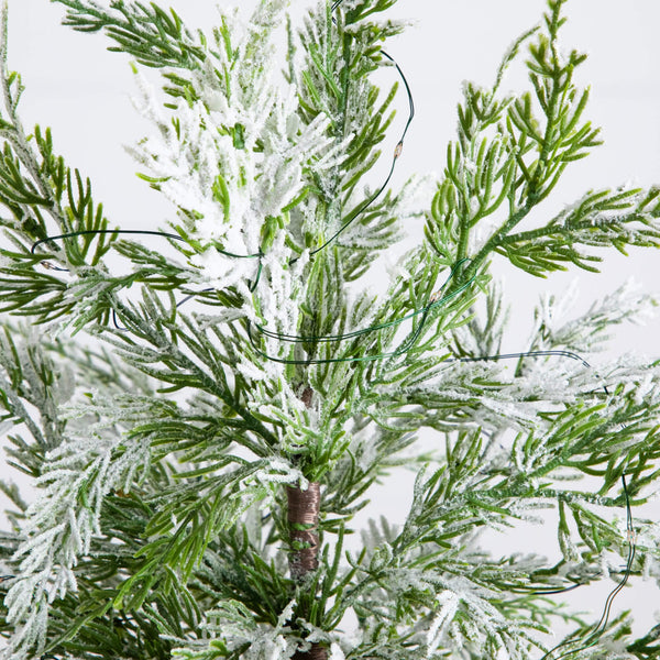 18" Pre-Lit Artificial Mini Snowed Cypress Christmas Tree with 12 LED Lights in  White Ceramic Planter