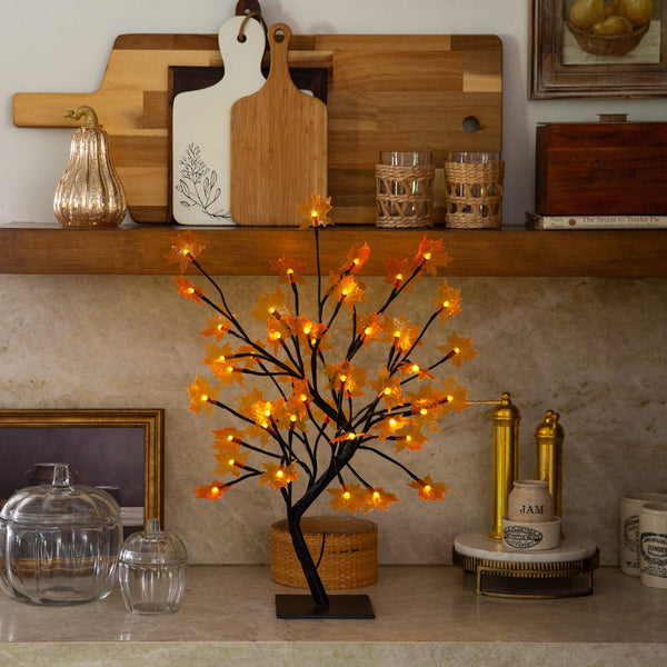 18" Pre-Lit Autumn Artificial Maple Fall Tree with 48 Warm White LED Maple Shaped Lights